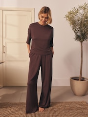 Chocolate Brown Jersey Satin Mix Short Sleeve Pyjamas - Image 3 of 6