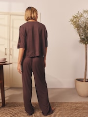 Chocolate Brown Jersey Satin Mix Short Sleeve Pyjamas - Image 4 of 6
