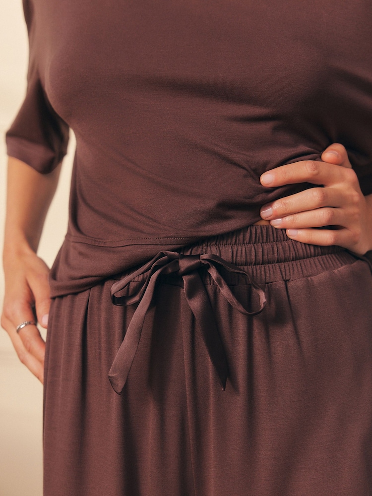 Chocolate Brown Jersey Satin Mix Short Sleeve Pyjamas - Image 6 of 6