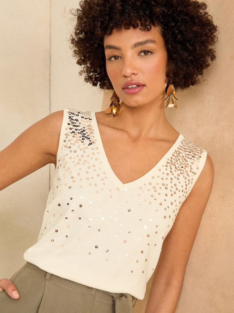 Love & Roses Ivory Embellished Knitted Vest Top - Image 1 of 4