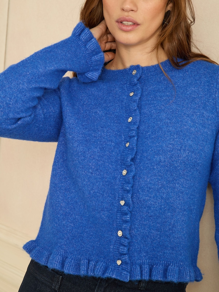 Love & Roses Cobalt Blue Frill Button Cardigan - Image 2 of 4 Love & Roses Cobalt Blue Frill Button Cardigan - Image 2 of 4
