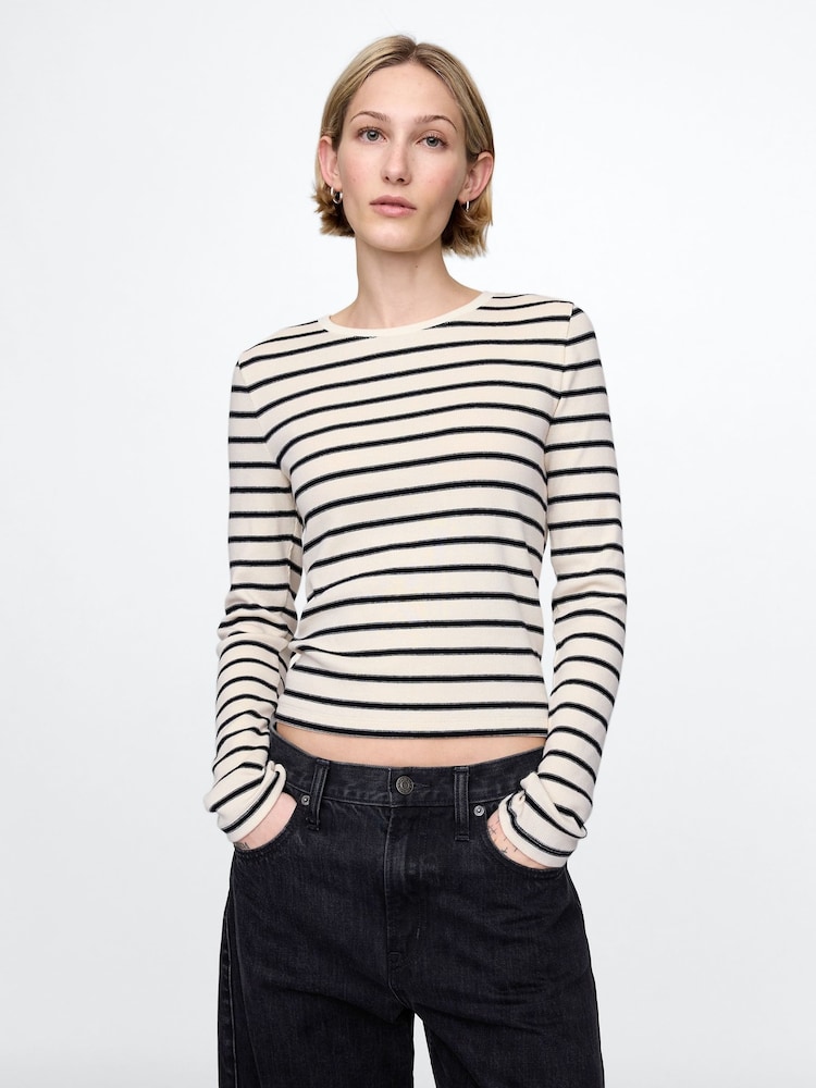 Gap Cream Stripe Long Sleeve Modern Cotton-Modal Crew Neck T-Shirt - Image 1 of 5