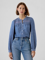 Gap Blue Puff-Sleeve Lace-Trim Denim Shirt - Image 1 of 5