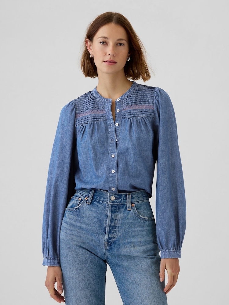 Gap Blue Puff-Sleeve Lace-Trim Denim Shirt - Image 1 of 5 Gap Blue Puff-Sleeve Lace-Trim Denim Shirt - Image 1 of 5