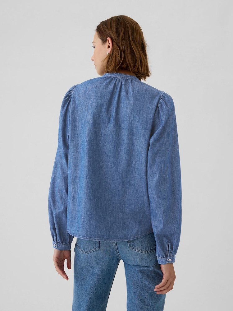 Gap Blue Puff-Sleeve Lace-Trim Denim Shirt - Image 2 of 5 Gap Blue Puff-Sleeve Lace-Trim Denim Shirt - Image 2 of 5