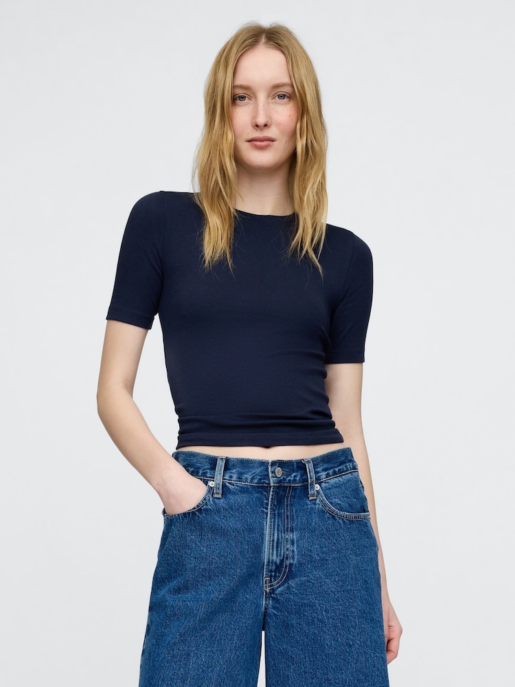 Gap Navy Blue Modern Cotton-Modal Short Sleeve Crew Neck T-Shirt - Image 1 of 4 Gap Navy Blue Modern Cotton-Modal Short Sleeve Crew Neck T-Shirt - Image 1 of 4