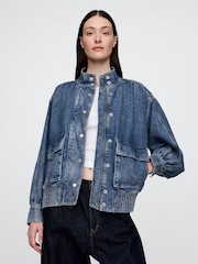 Gap Blue UltraSoft Denim Bomber Jacket - Image 1 of 5