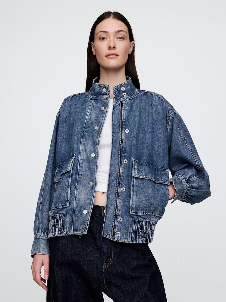 Gap Blue UltraSoft Denim Bomber Jacket - Image 1 of 5