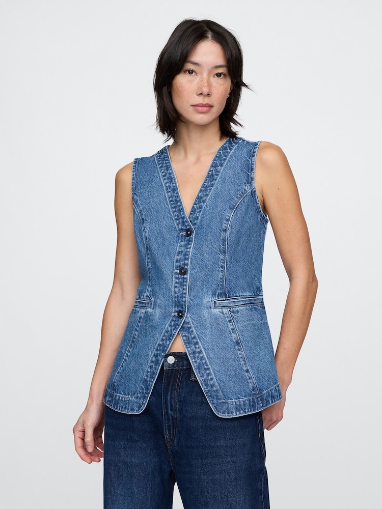 Gap Blue Cotton Longline Denim Waistcoat - Image 1 of 5