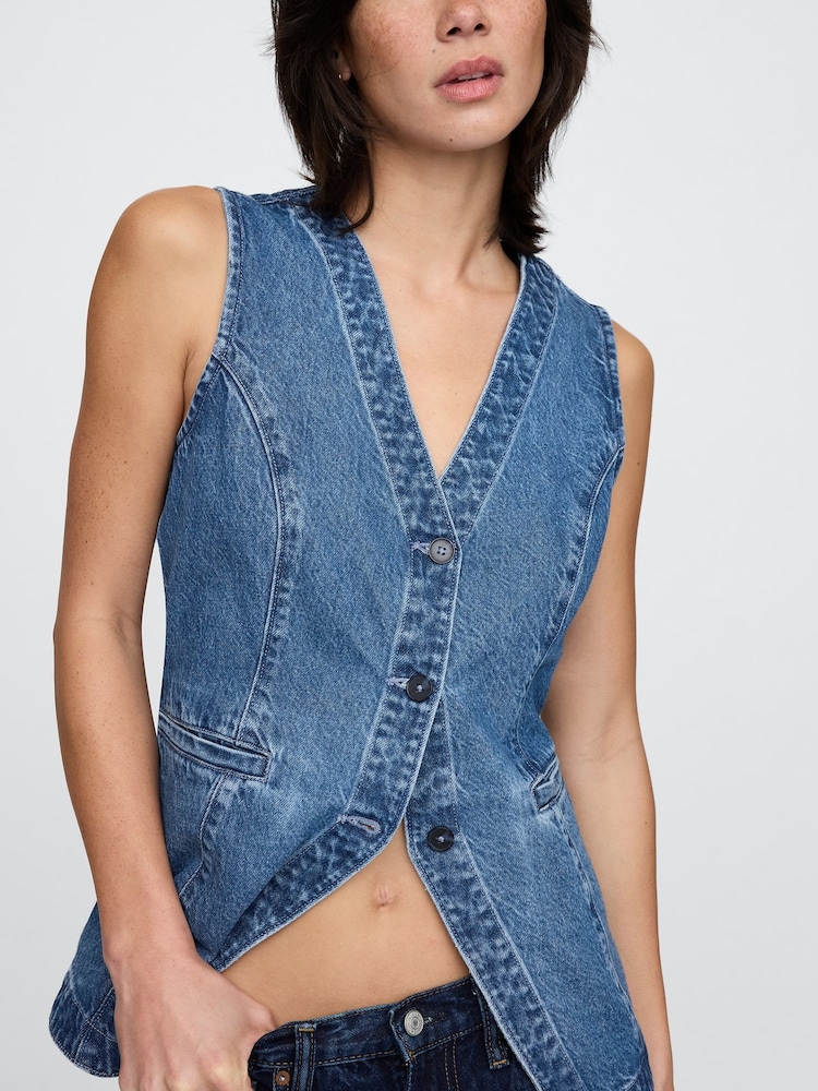 Gap Blue Cotton Longline Denim Waistcoat - Image 4 of 5