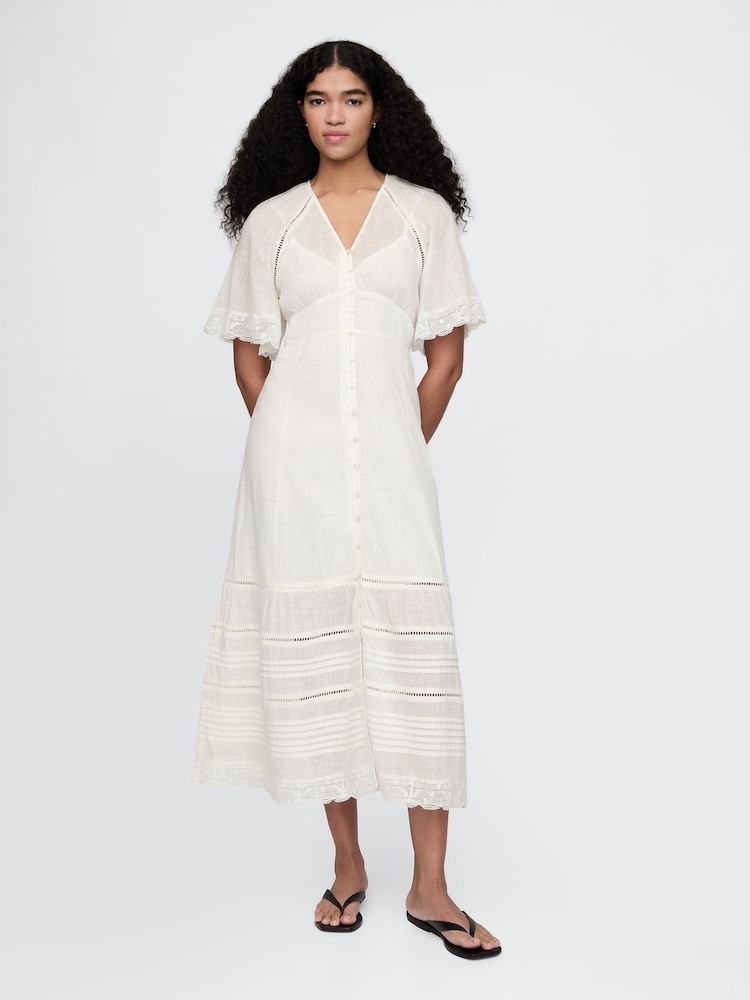 Gap White Cotton Crochet V-Neck Lace Midi Dress - Image 1 of 4 Gap White Cotton Crochet V-Neck Lace Midi Dress - Image 1 of 4