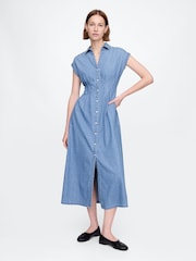 Gap Blue Denim Pleated Midi Shirt Dress - Image 1 of 7