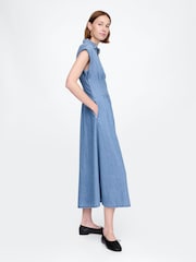 Gap Blue Denim Pleated Midi Shirt Dress - Image 3 of 7