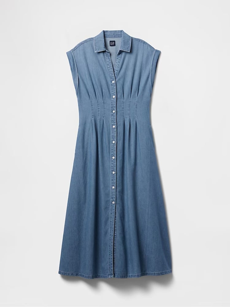 Gap Blue Denim Pleated Midi Shirt Dress - Image 7 of 7