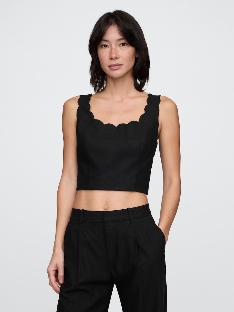 Gap Black Heavyweight Linen-Blend Scalloped Cropped Top - Image 1 of 5 Gap Black Heavyweight Linen-Blend Scalloped Cropped Top - Image 1 of 5