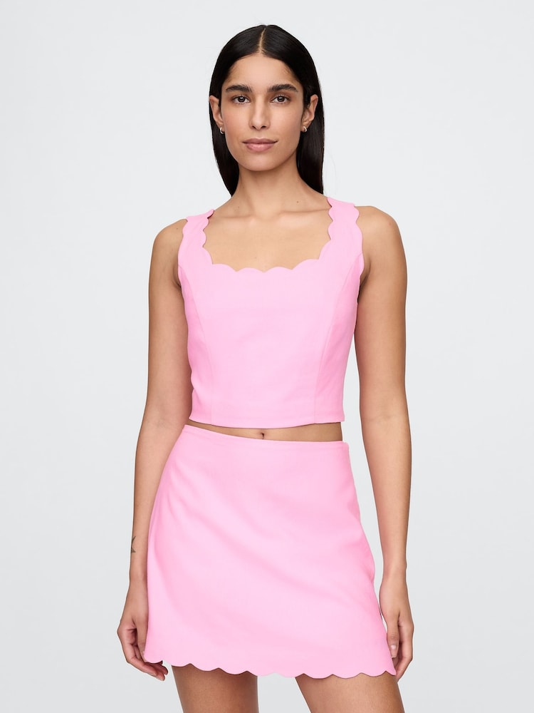 Gap Pink Heavyweight Linen-Blend Scalloped Cropped Top - Image 1 of 5