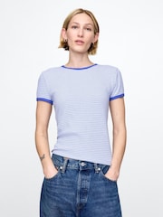 Blauw - Gap Modern katoen-modal geribbeld cropped gestreept T-shirt met korte mouwen - Image 1 of 5
