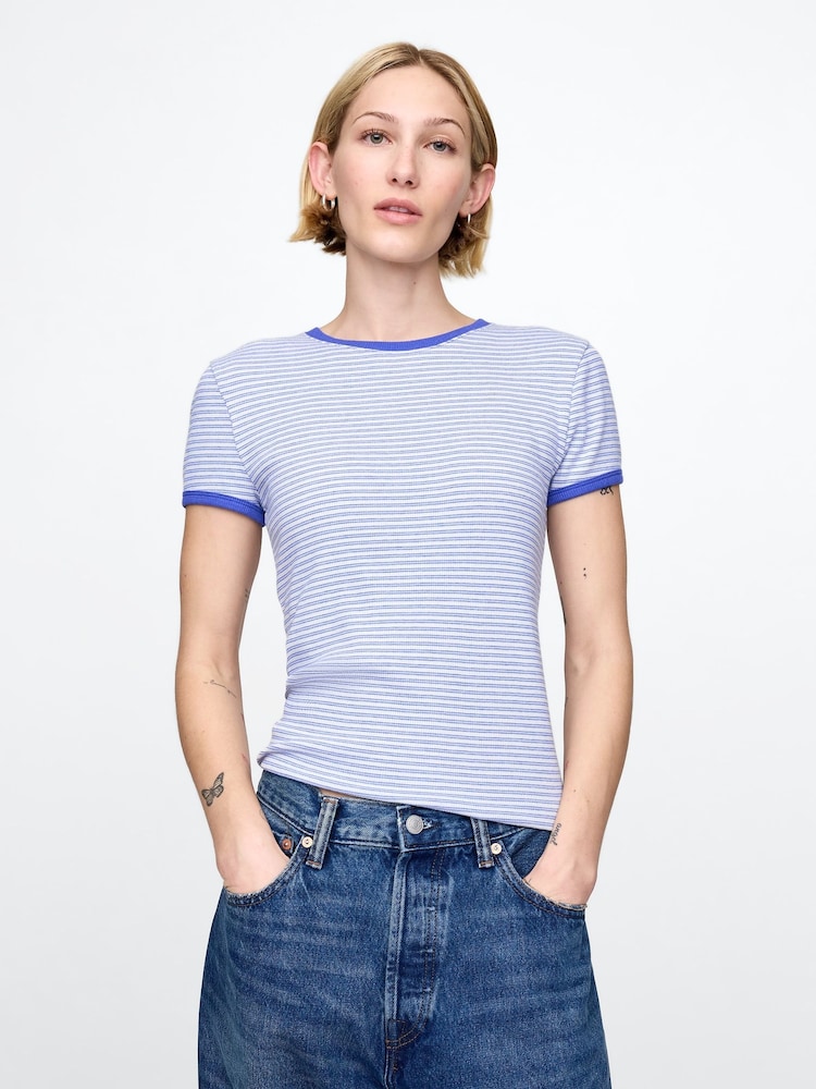 Azul - Camiseta corta de algodón y modal a rayas con diseño moderno de canalé de Gap - Imagen 1 de 5 Azul - Camiseta corta de algodón y modal a rayas con diseño moderno de canalé de Gap - Imagen 1 de 5