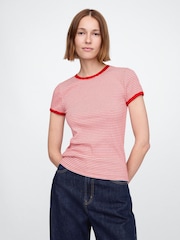 Rood - Gap Modern katoen-modal geribbeld cropped gestreept T-shirt met korte mouwen - Image 1 of 5