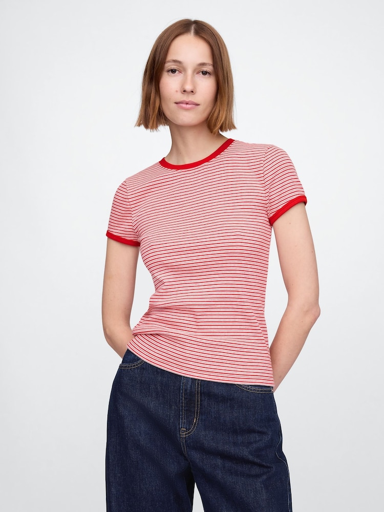 Rood - Gap Modern katoen-modal geribbeld cropped gestreept T-shirt met korte mouwen - Image 1 of 5