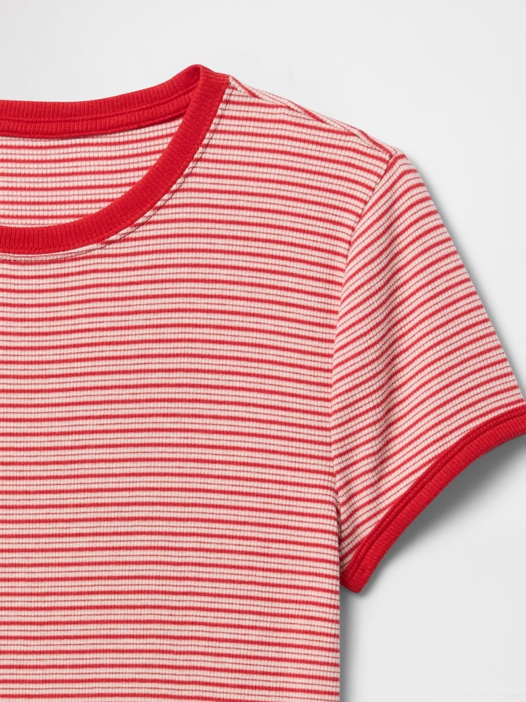 Gap Red Modern Cotton-Modal Short Sleeve Ribbed Cropped Striped T-Shirt - Image 5 of 5 Gap Red Modern Cotton-Modal Short Sleeve Ribbed Cropped Striped T-Shirt - Image 5 of 5