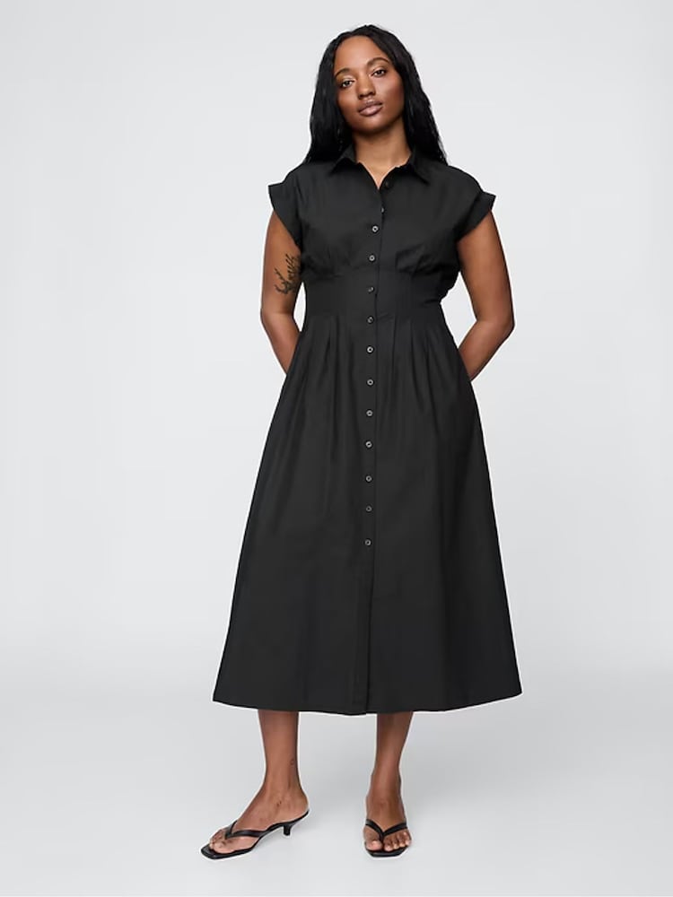 Gap Black 100% Cotton Poplin Button Front Midi Shirt Dress - Image 3 of 7