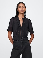 Gap Black Cotton Lace-Trim Puff Sleeve Shirt - Image 1 of 5