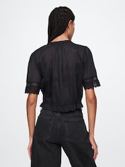 Gap Black Cotton Lace-Trim Puff Sleeve Shirt - Image 2 of 5