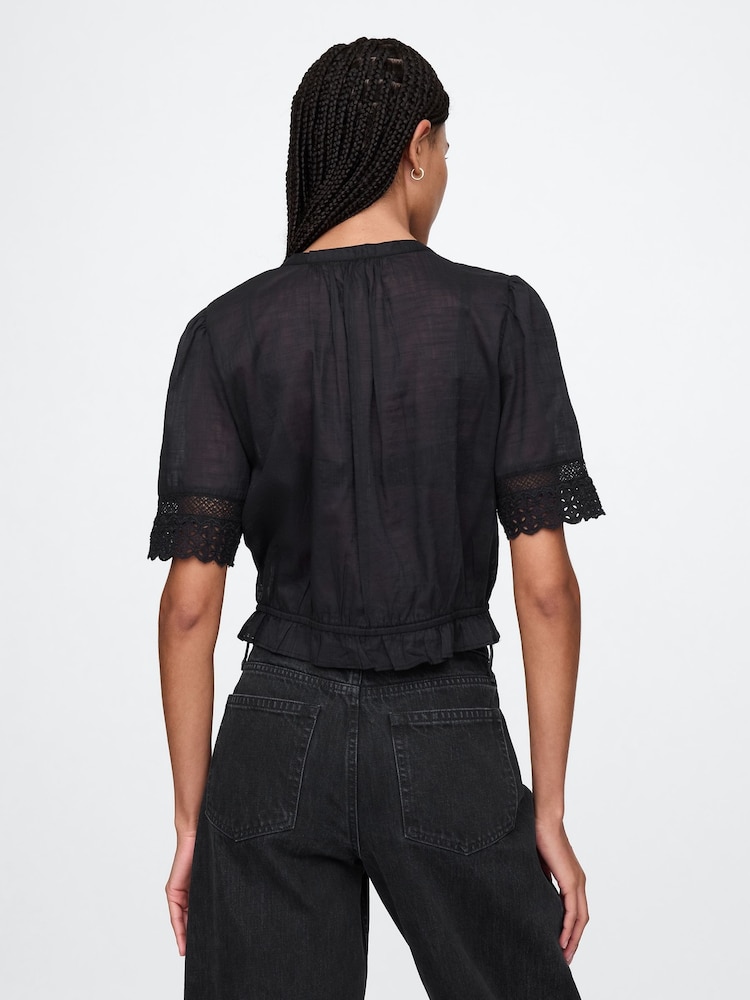 Gap Black Cotton Lace-Trim Puff Sleeve Shirt - Image 2 of 5
