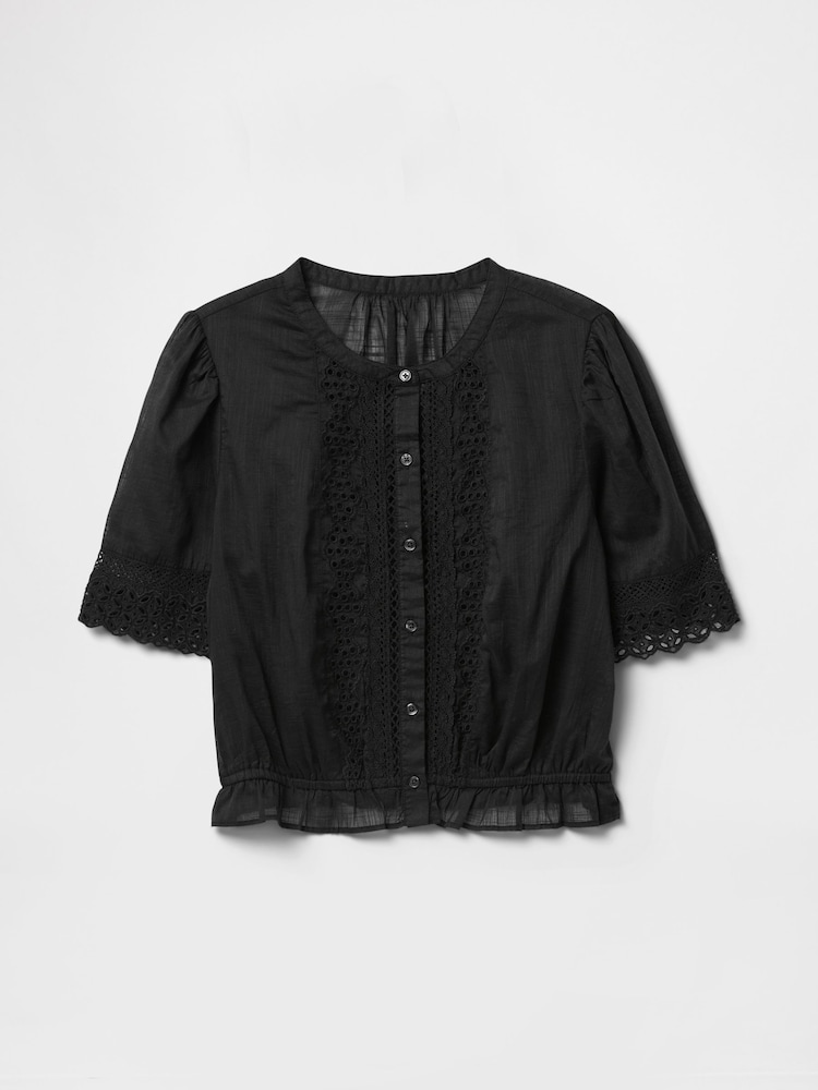 Gap Black Cotton Lace-Trim Puff Sleeve Shirt - Image 5 of 5