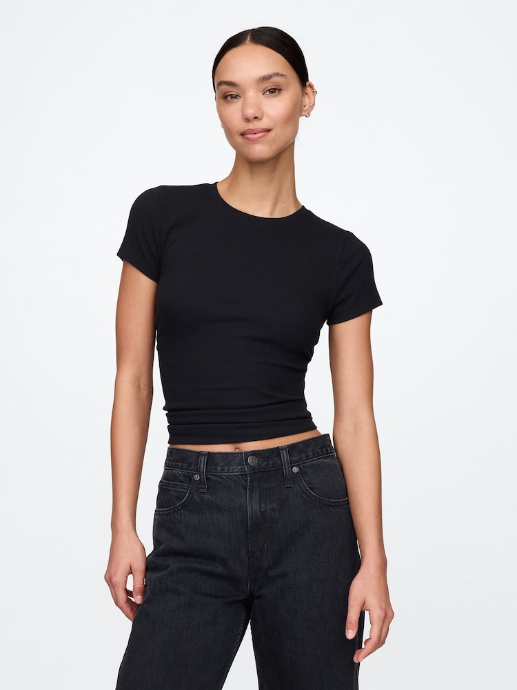 Zwart - Gap - Modern geribbeld cropped T-shirt van katoen-modal met korte mouwen - Image 2 of 5