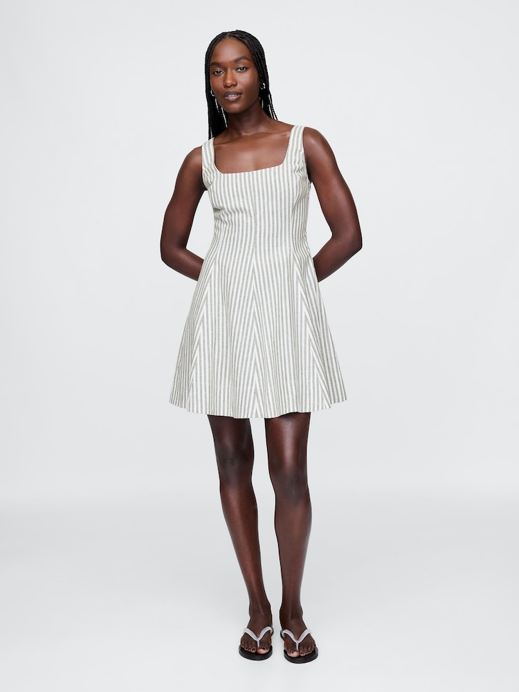 Gap Green Stripe Heavyweight Square Neck Linen-Blend Mini Dress - Image 1 of 4