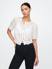 Gap White Cotton Lace-Trim Puff Sleeve Shirt - Image 1 of 4