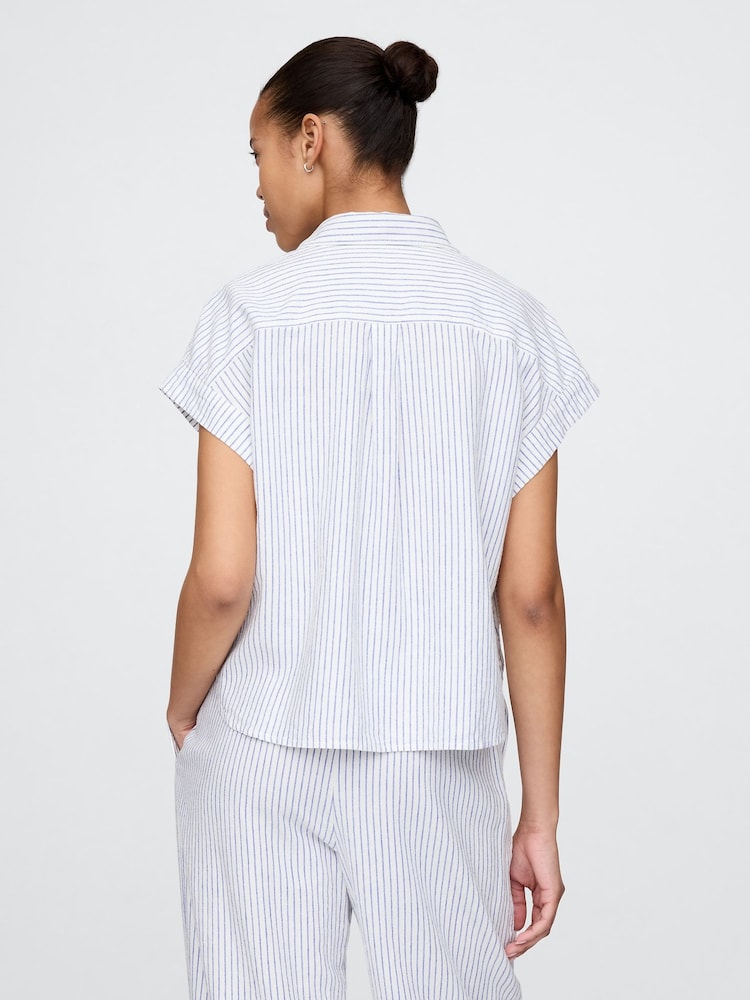 Gap Blue Stripe Linen-Blend Cropped Shirt - Image 2 of 5 Gap Blue Stripe Linen-Blend Cropped Shirt - Image 2 of 5