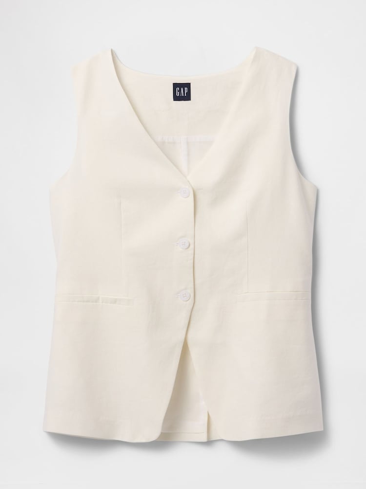 Gap White Heavyweight Linen Blend Longline Waistcoat - Image 4 of 4