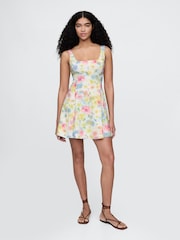 Gap Cream Floral Heavyweight Square Neck Linen-Blend Mini Dress - Image 1 of 5
