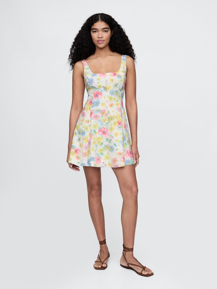 Gap Cream Floral Heavyweight Square Neck Linen-Blend Mini Dress - Image 1 of 5