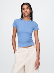 Blauw - Gap - Modern geribbeld cropped T-shirt van katoen-modal met korte mouwen - Image 1 of 5