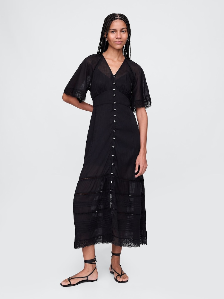 Gap Black Cotton Crochet V-Neck Lace Midi Dress - Image 1 of 4 Gap Black Cotton Crochet V-Neck Lace Midi Dress - Image 1 of 4