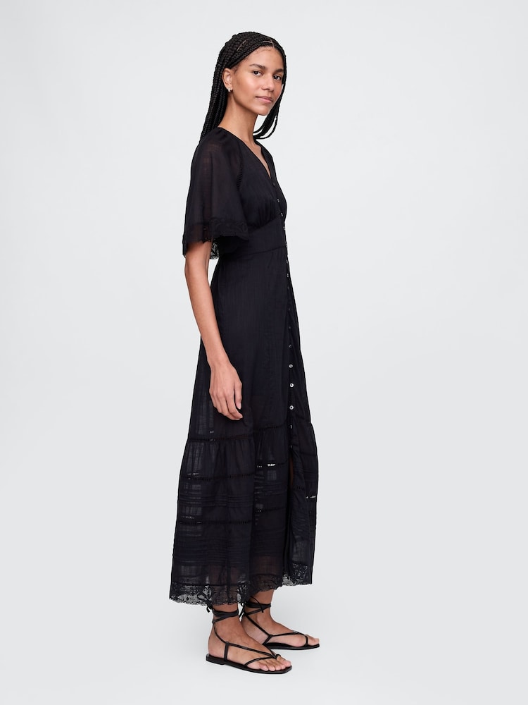 Gap Black 100% Cotton V-Neck Lace Midi Dress - Image 3 of 4