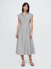 Gap Black Stripe 100% Cotton Poplin Button Front Midi Shirt Dress - Image 1 of 9