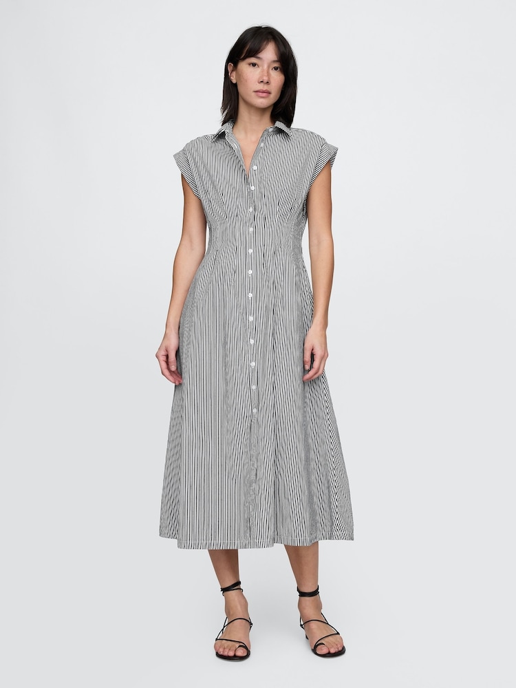 Gap Black Stripe 100% Cotton Poplin Button Front Midi Shirt Dress - Image 1 of 9