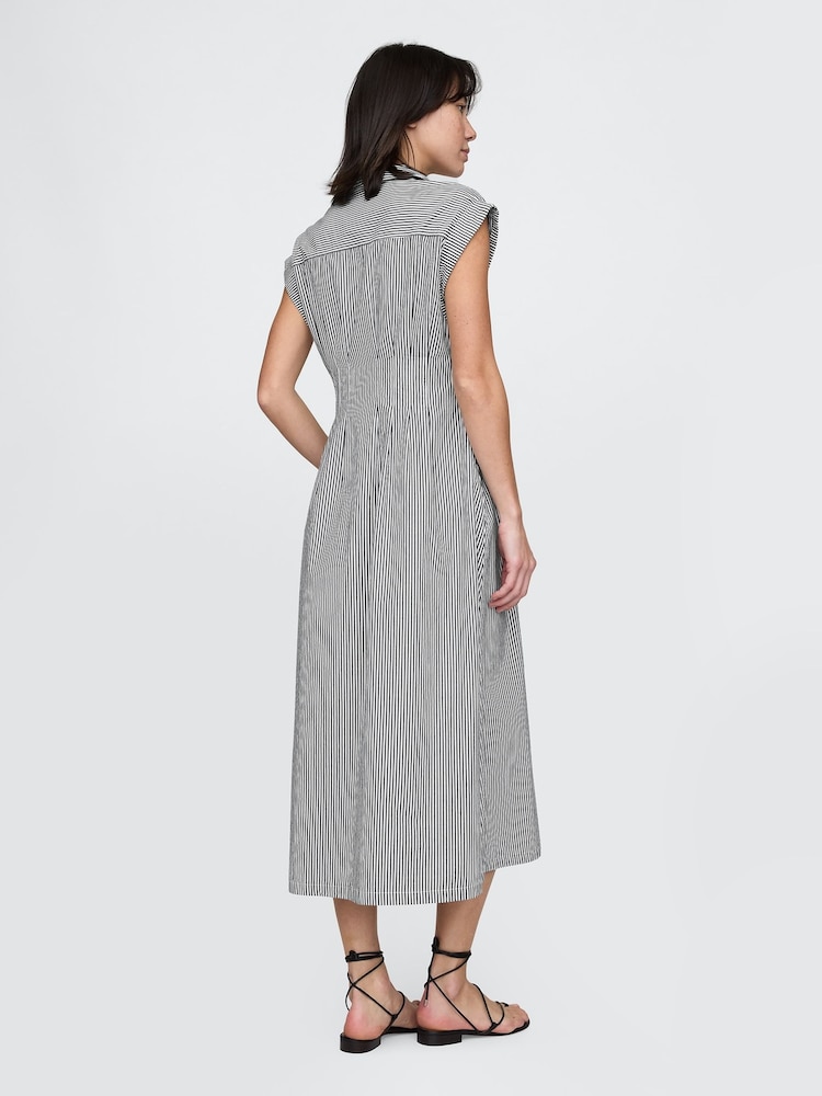 Gap Black Stripe 100% Cotton Poplin Button Front Midi Shirt Dress - Image 2 of 9