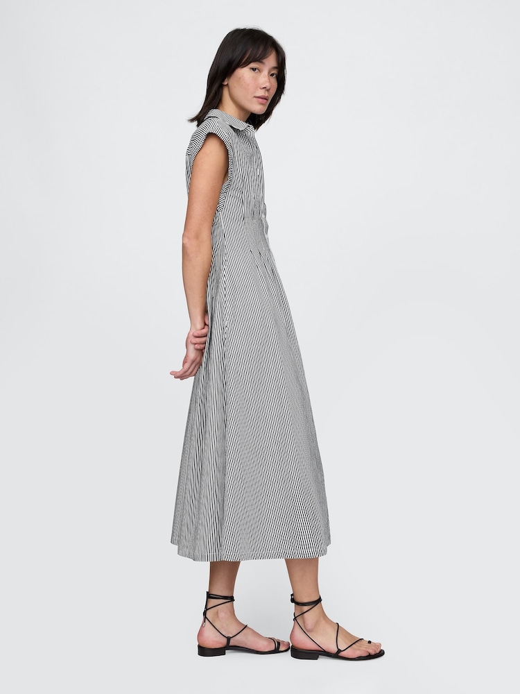 Gap Black Stripe 100% Cotton Poplin Button Front Midi Shirt Dress - Image 3 of 9