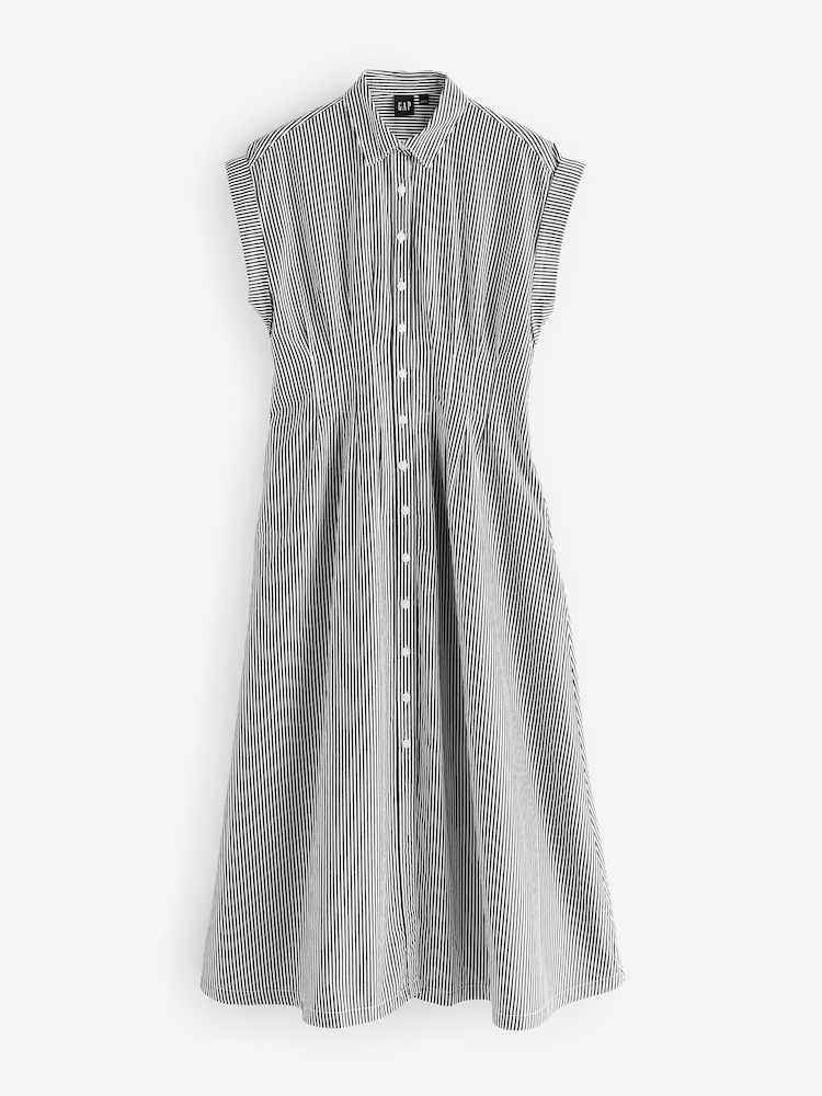 Gap Black Stripe 100% Cotton Poplin Button Front Midi Shirt Dress - Image 5 of 9