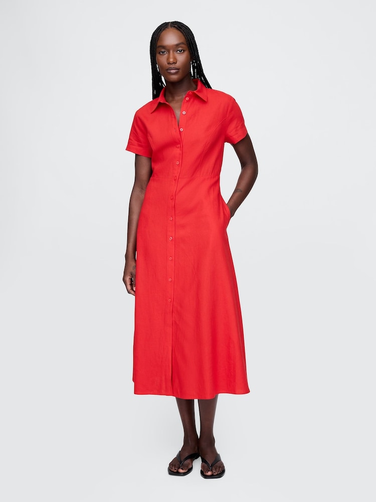 Gap Red Heavyweight Linen-Blend Midi Shirt Dress - Image 1 of 5 Gap Red Heavyweight Linen-Blend Midi Shirt Dress - Image 1 of 5