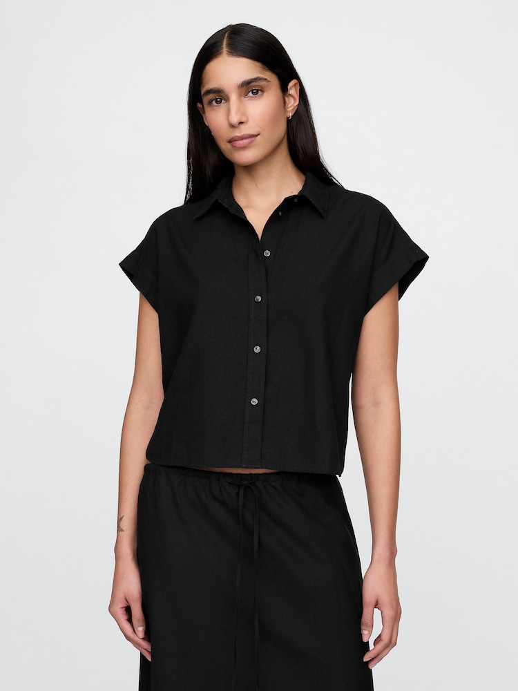 Gap Black Linen-Blend Cropped Shirt - Image 1 of 5