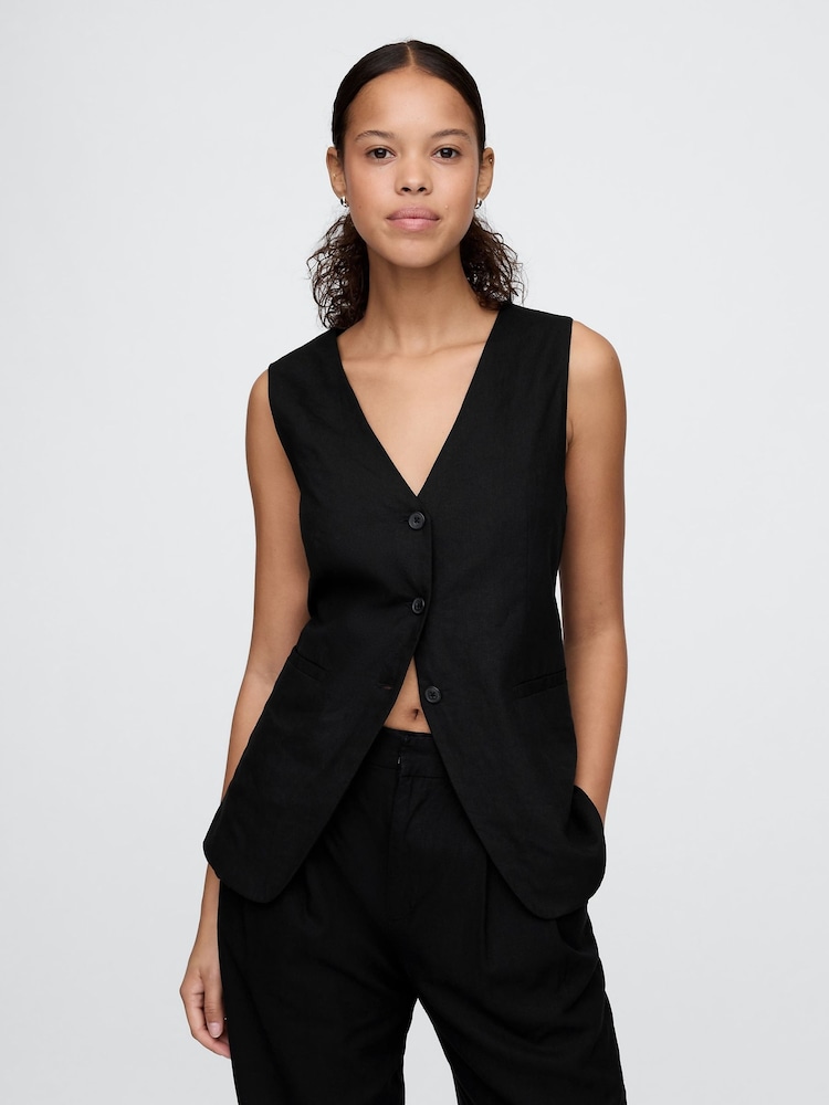 Gap Black Heavyweight Linen Blend Longline Waistcoat - Image 1 of 5