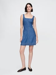 Gap Blue 100% Cotton Square Neck Denim Mini Summer Dress - Image 1 of 4