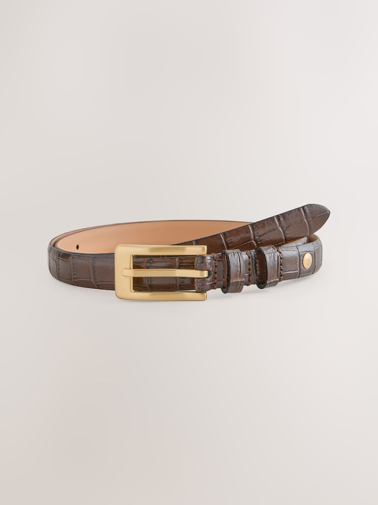 Chocolate Brown Croc Skinny Leather Belt - Image 1 of 3